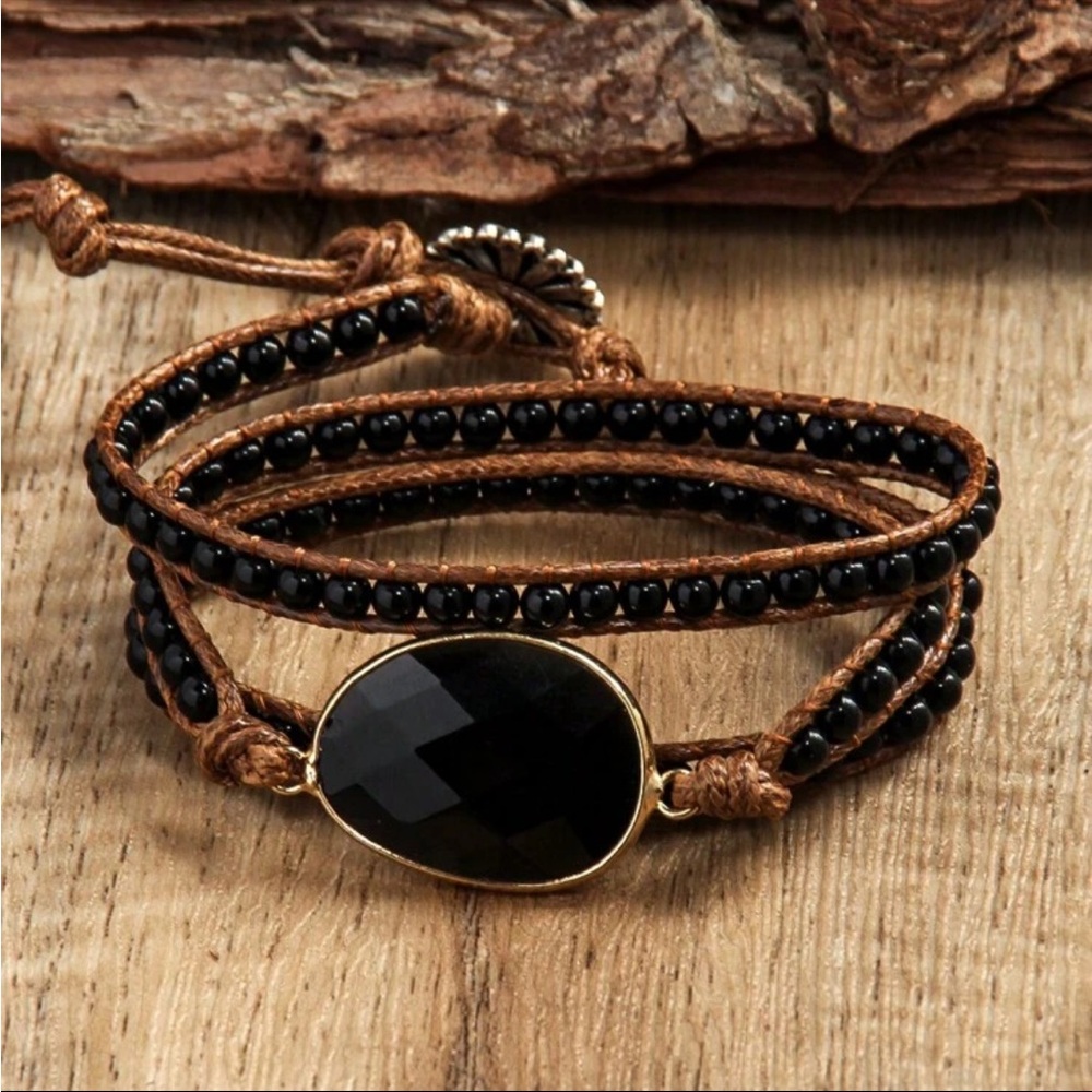 Black natural gemstone wrap bracelet